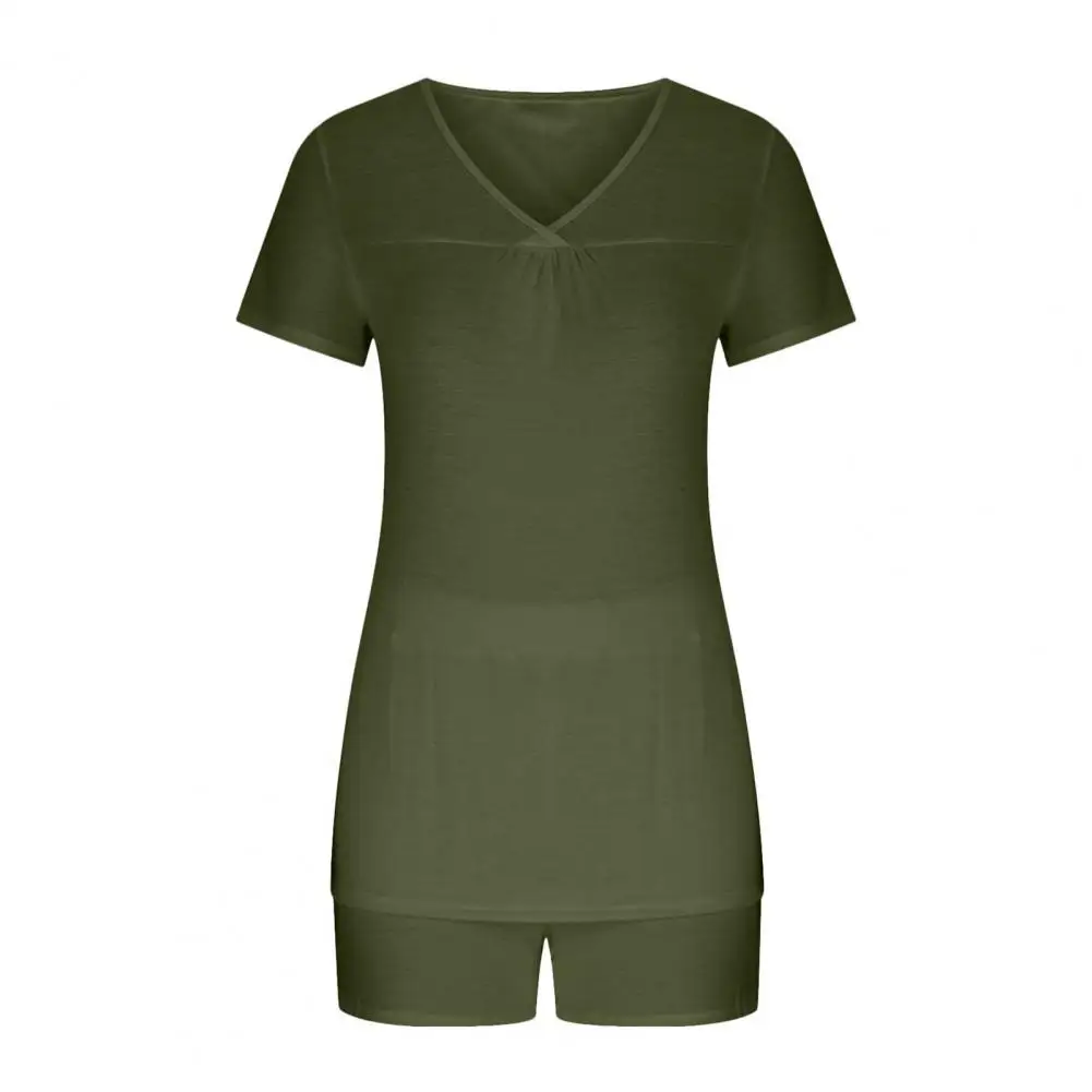 2 Pcs/Set Women Summer Pajamas Suit V Neck Short Sleeve Sleepwear Set Homewear Top Shorts Set Loose Shorts Set Casual Sport Outf