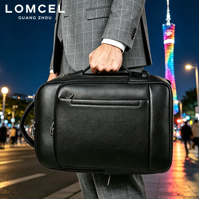 LOMCEL 55 Leather Men's Business Dual-Shoulder Bag Large Capacity Business Laptop Backpack - Top Grain Leather Multi