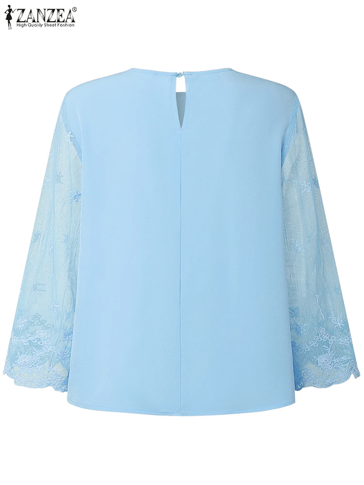 2025 ZANZEA 秋ブラウス女性エレガントな視点メッシュパッチワークチュニックトップス 3/4 スリーブカジュアルプリントシャツルーズ Blusas ファム