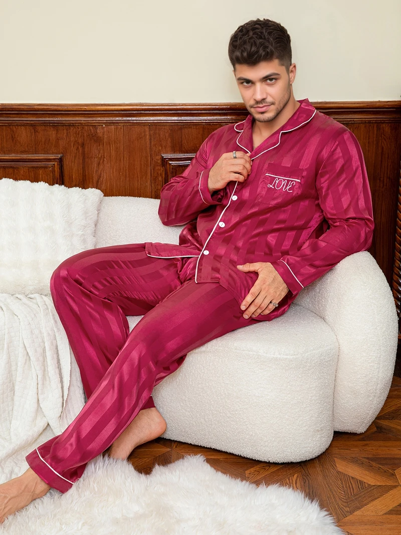 Stripe Print Satin 2Pcs Pajama Set For Men Long-Sleeve Lapel Chest Pocket Top And Pants Smooth Touch Suitable For Nightwear Pjs
