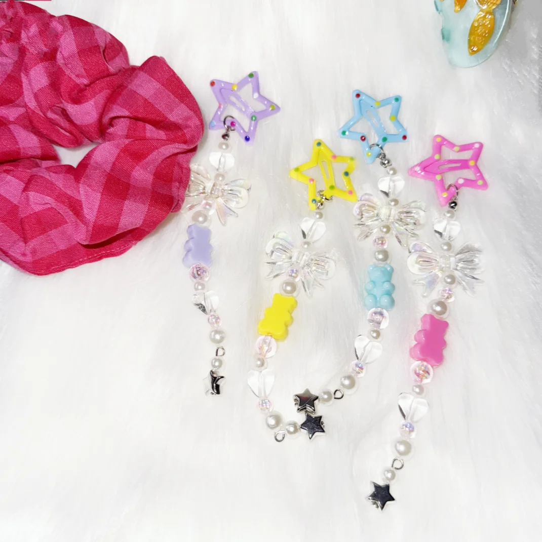1PC Multi-color, New, Dopamine, Colorful, Pentagram, Bow, Small Hair Clip, Female, Fashion, Star, Tassel, Bangs Clip, Side Clip