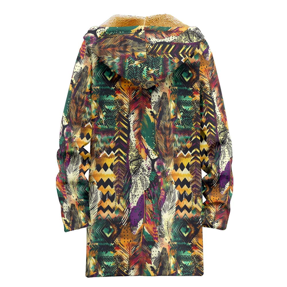 Geometric Feather Bohemian Print Men Cardigan Coat Fleece Plush Thick Long Parka Jacket Warm Outerwear Unisex Plus Size Clothing