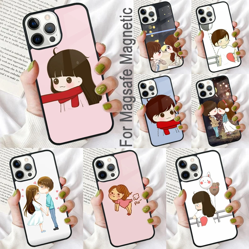 

Cartoon Couple Love Boy Girl Magnetic Soft Phone Case for iPhone 16 Promax 15 Pro 13 14 Plus 11 12 Mini MagSafe Coque