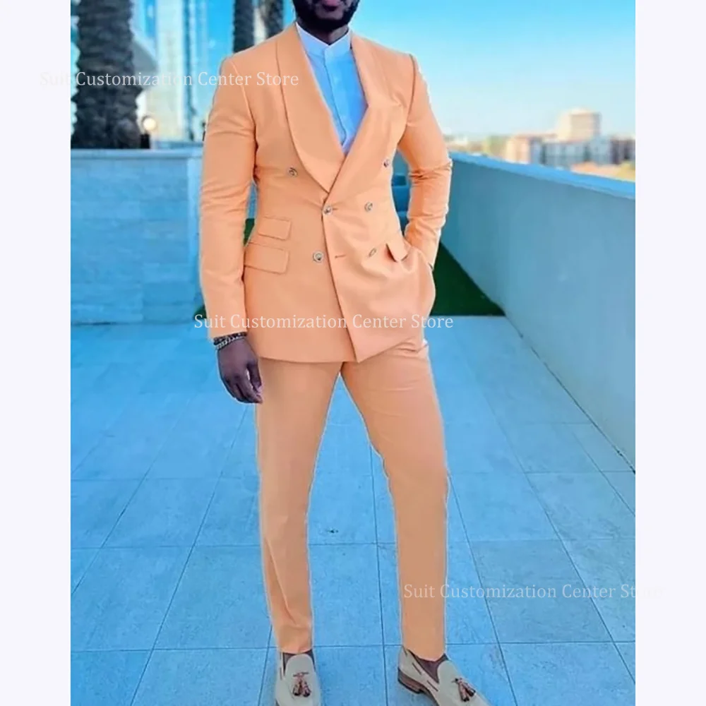

Elegant Fashion Double Breasted Suits For Men Chic Shawl Lapel Special Occasion Street Photo Casual 2 Piece Jacket With Pants