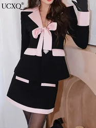 UCXQ Korean Style Contrasting Tweed Diamond Suit High Waisted Hip Wrapped Short Skirt Two-piece Set Women 2024 Spring summer 817