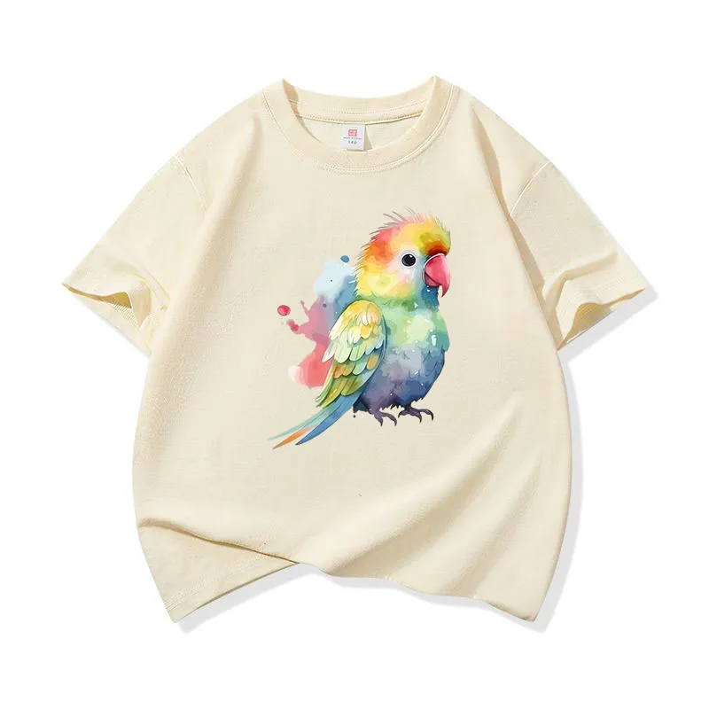 Bright Watercolor Rainbow Parrot Graphic Tee Kids Pure Cotton Crew Neck Print T Shirt Short Sleeve Muticolor Tops Girls Boys