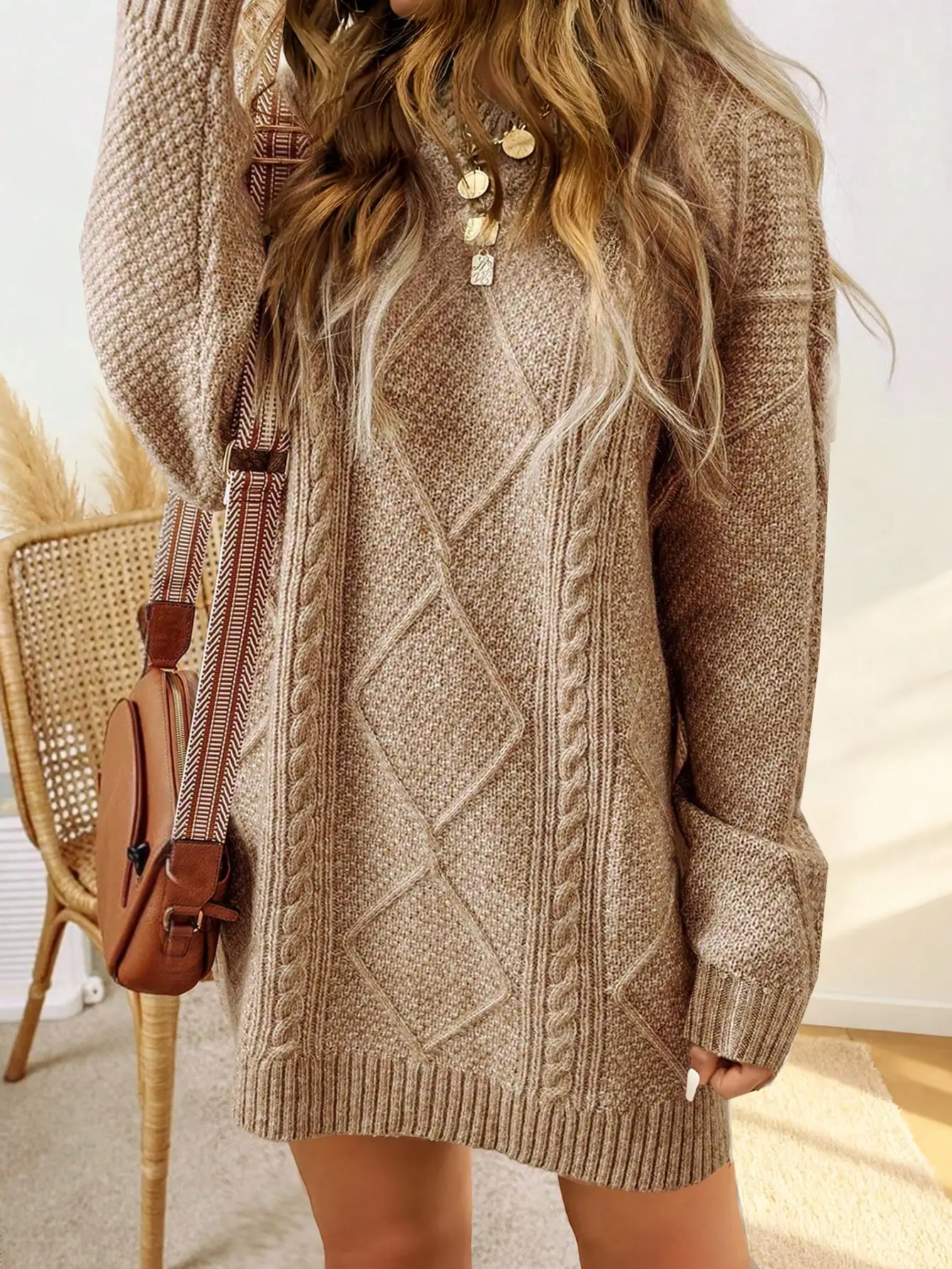 

Women's Thick Knit Sweater Dress with Cable & Diamond Pattern, Loose Fit, Autumn Winter Casual Wear