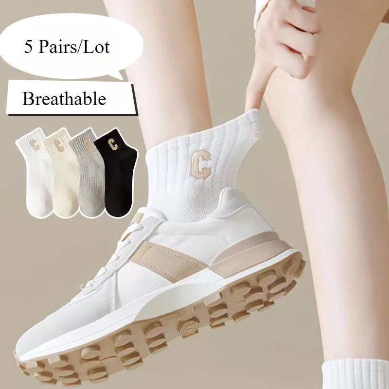 

5 Pairs/Lot Women's Casual Socks Breathable Mesh Lightweight Thin Socks for Summer Fashionable Sport Letters Print Socks