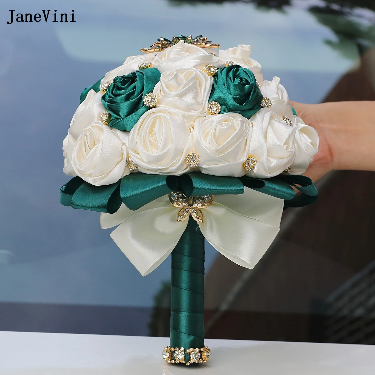 

JaneVini 2025: темно-зеленый свадебный букет цвета слоновой кости с кристаллами, искусственные атласные розы, свадебные цветы, искусственный букет невесты