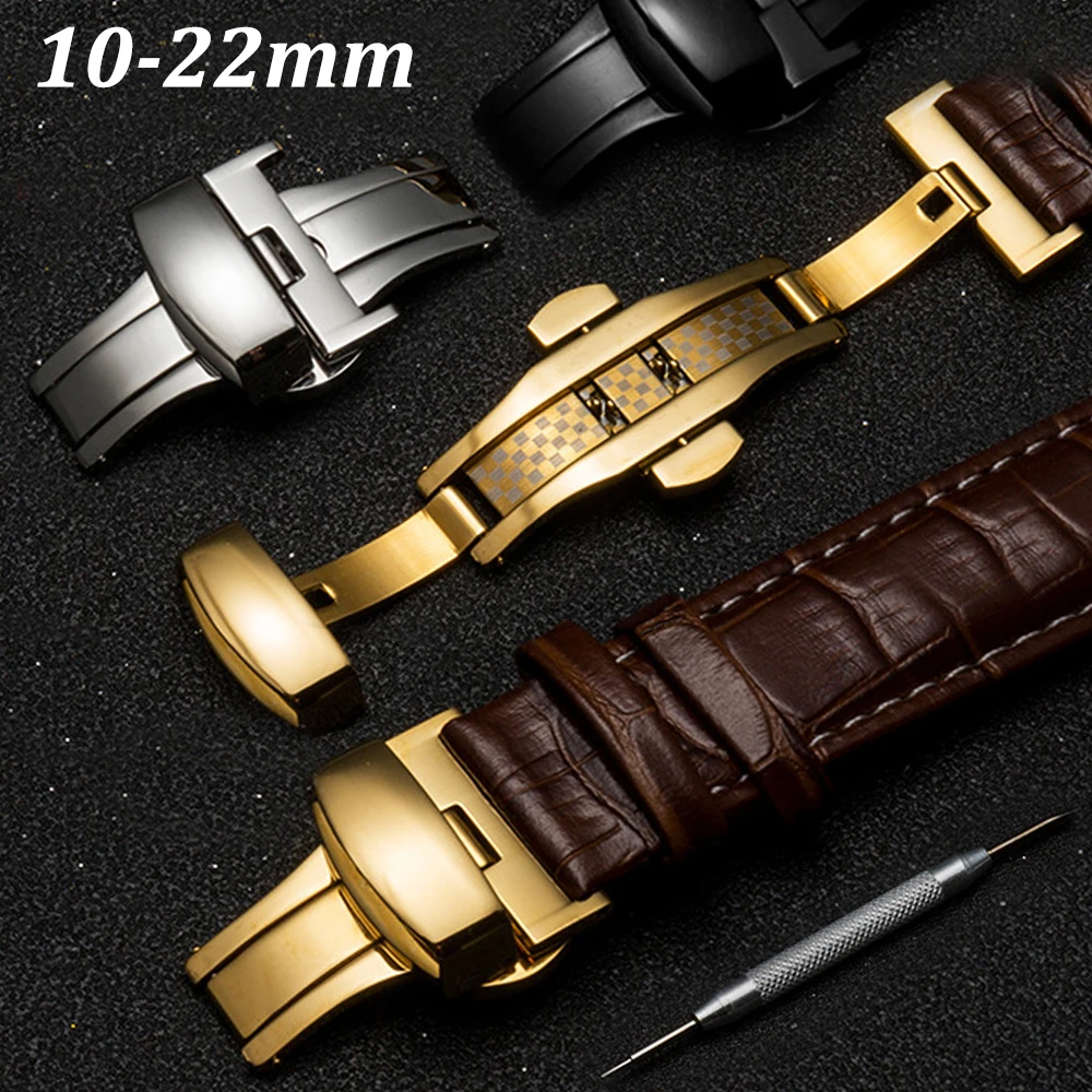 Fish Scale Butterfly Deployment Fold  Buckle Automatic Double Push Stainless Steel Watch Strap Button 10 12 14 16 18mm 20mm 22mm