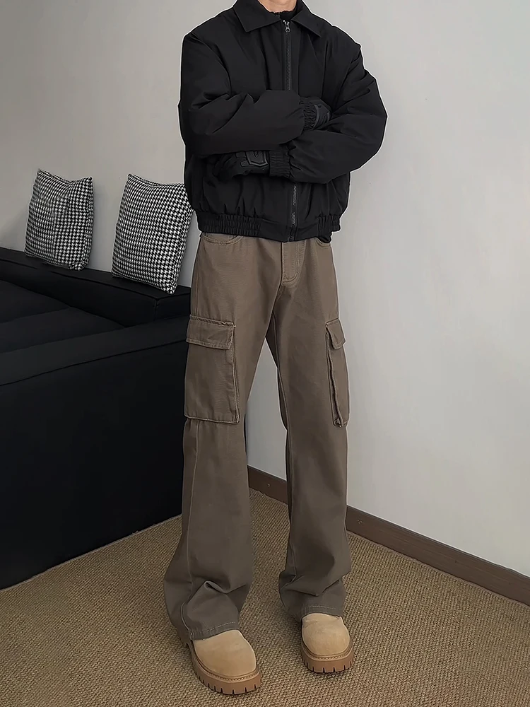 

Мужские прямые рабочие брюки из денима, осенне-зимние, коричневые, расклешенные джинсы, повседневные брюки в уличном стиле с большими карманами