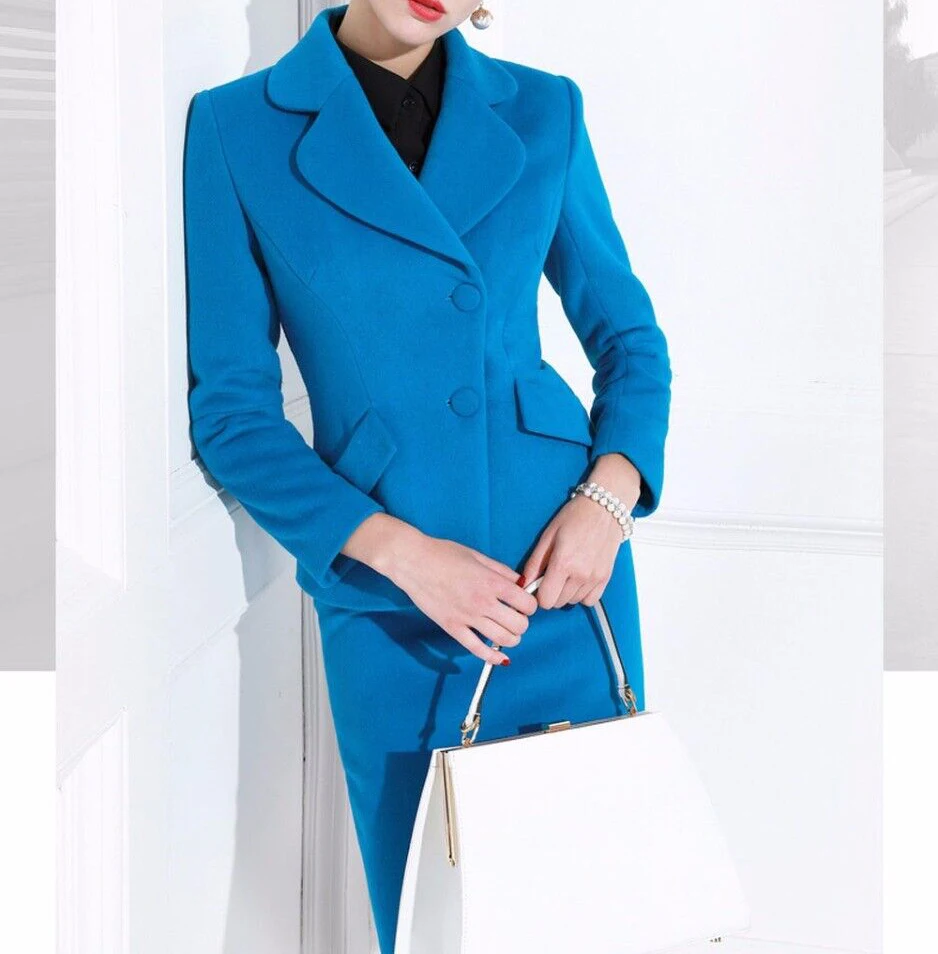 Abiti eleganti da donna abiti da ufficio a maniche lunghe in lana blu abbigliamento sportivo da donna Streetwear set da due pezzi