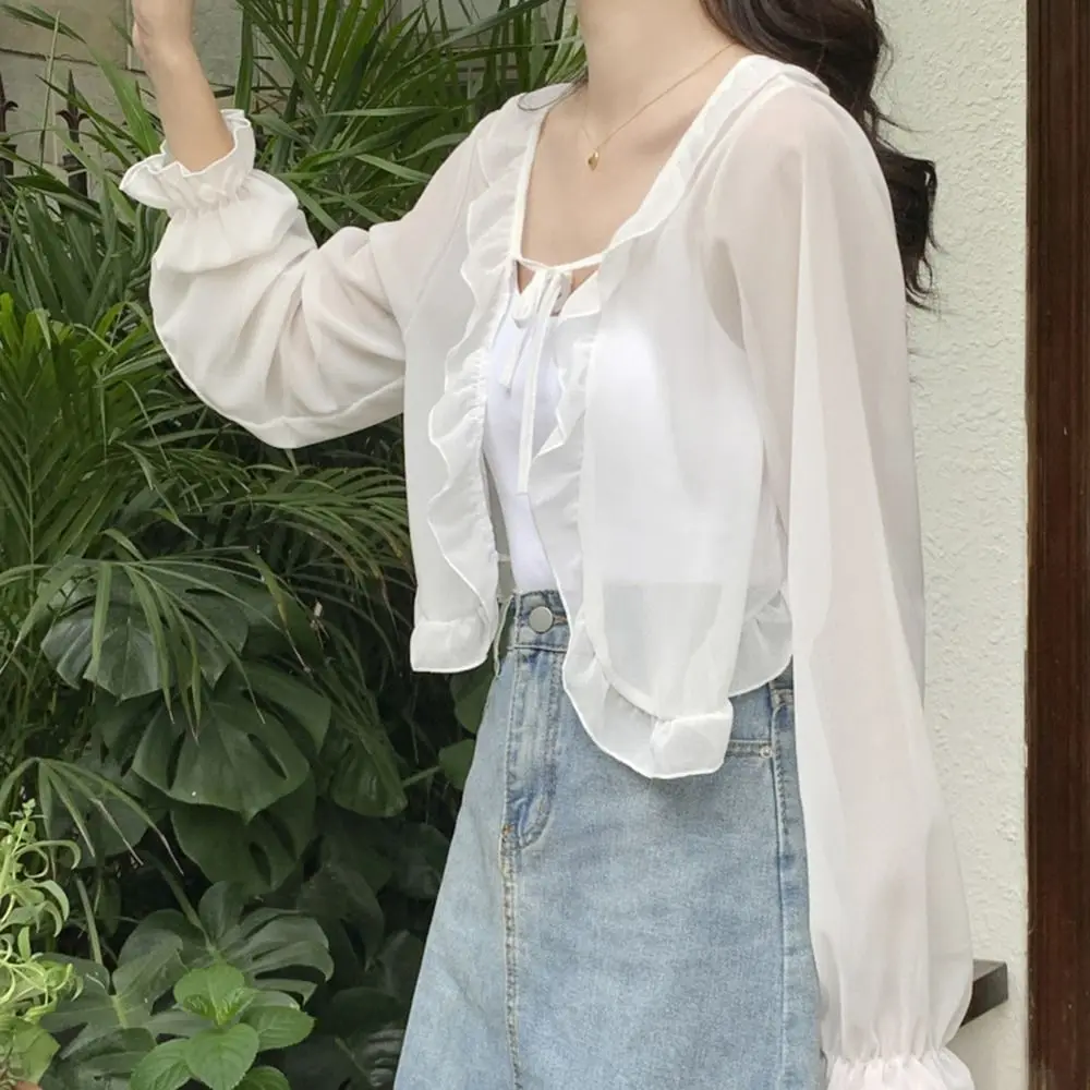 

Шифоновое пончо с оборками и длинными рукавами, защита от солнца, корейский стиль, короткий кардиган-накидка с кружевом