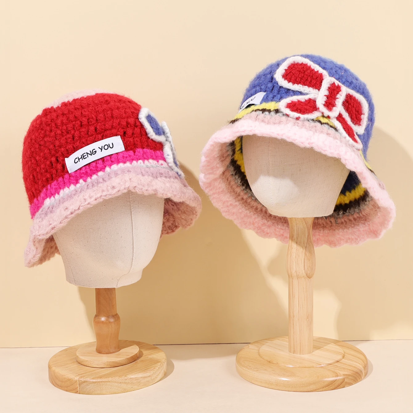 1PC with colorful stripes and blue floral decals, fashionable knitted fisherman's hat, decorated with the 