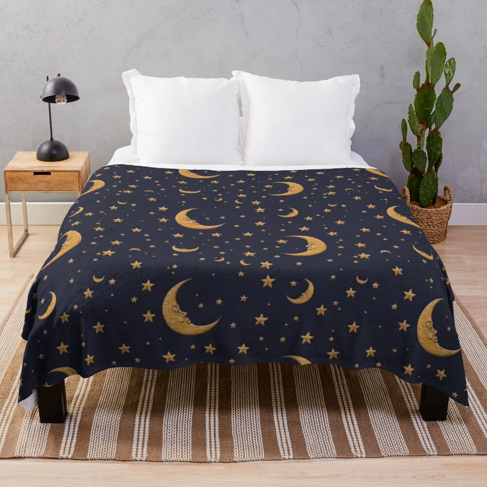 

Vintage Gold Moon And Stars on Blue Throw Blanket luxury st blanket sofas Blanket fleece floral throw blanket