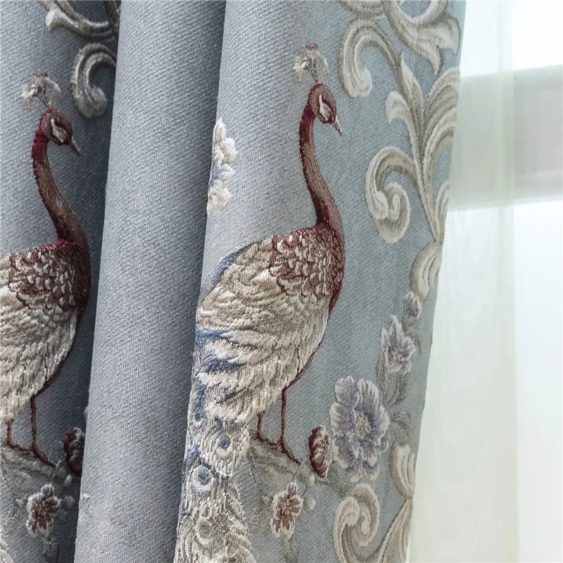 Luxury Villa Blue 3D Peacock Embossed Jacquard Thickened Full Blackout Curtains For Living Room Bedroom Hotel Apartment Kitchen