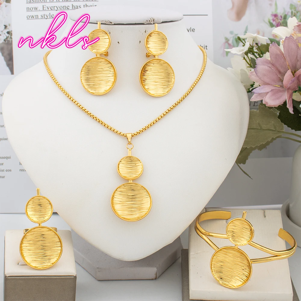 Luxury Gold Color Jewelry Set for Women Dubai African Fashion Round Design Bangle Earrings Necklace Ring Set Wedding Party Gift