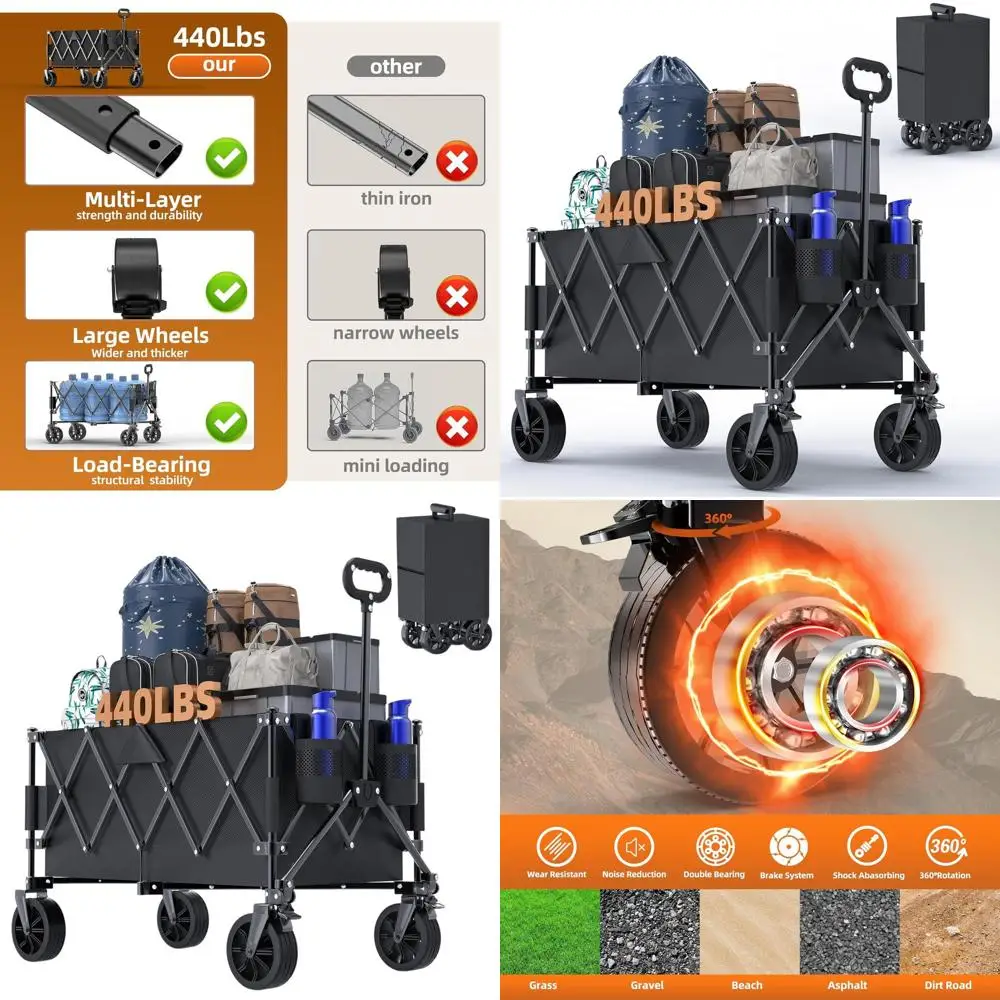 รถเข็นอเนกประสงค์พับได้ขนาดใหญ่พร้อมล้อ แข็งแรงทนทานสำหรับชายหาด ตั้งแคมป์ ขนของชำ มีช่องเก็บของด้านข้าง