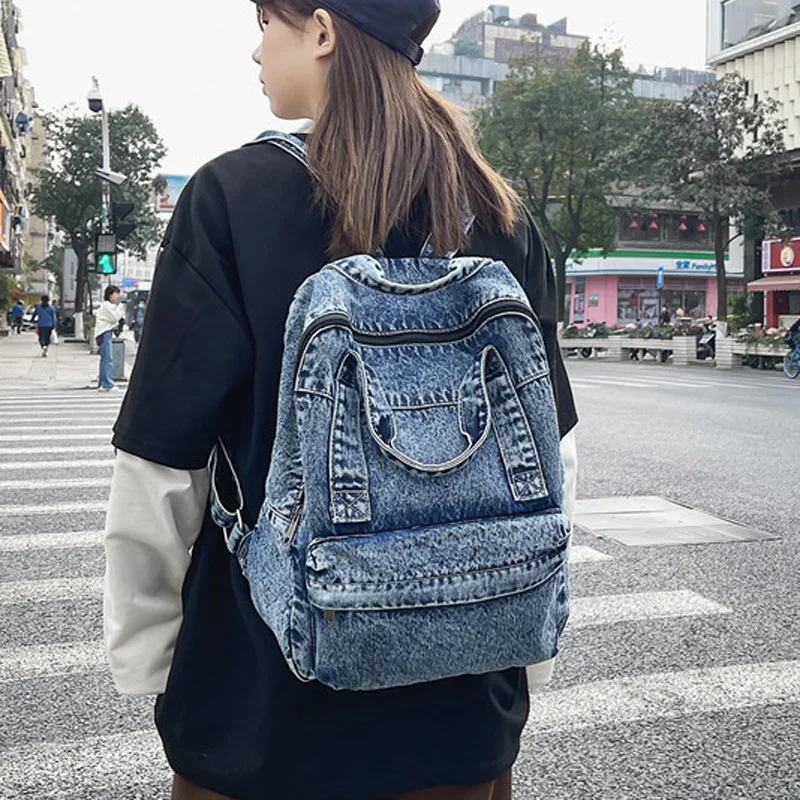 Mochila de lona de gran capacidad para mujer, informal de tela vaquera morral, bolsa de libros para estudiantes, Retro, Unisex