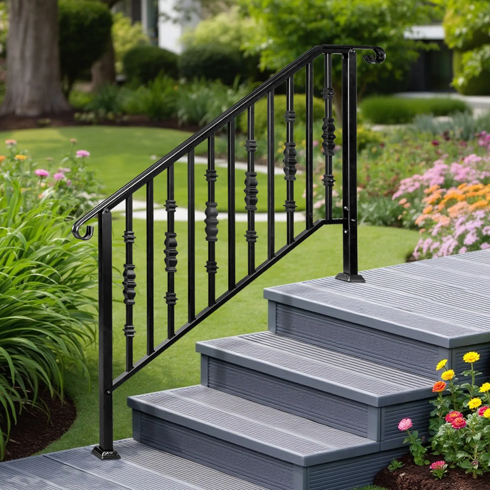 

Wrought Iron Handrail Stair Railing Fit 4-5 Steps Adjustable Hand Rail Black
