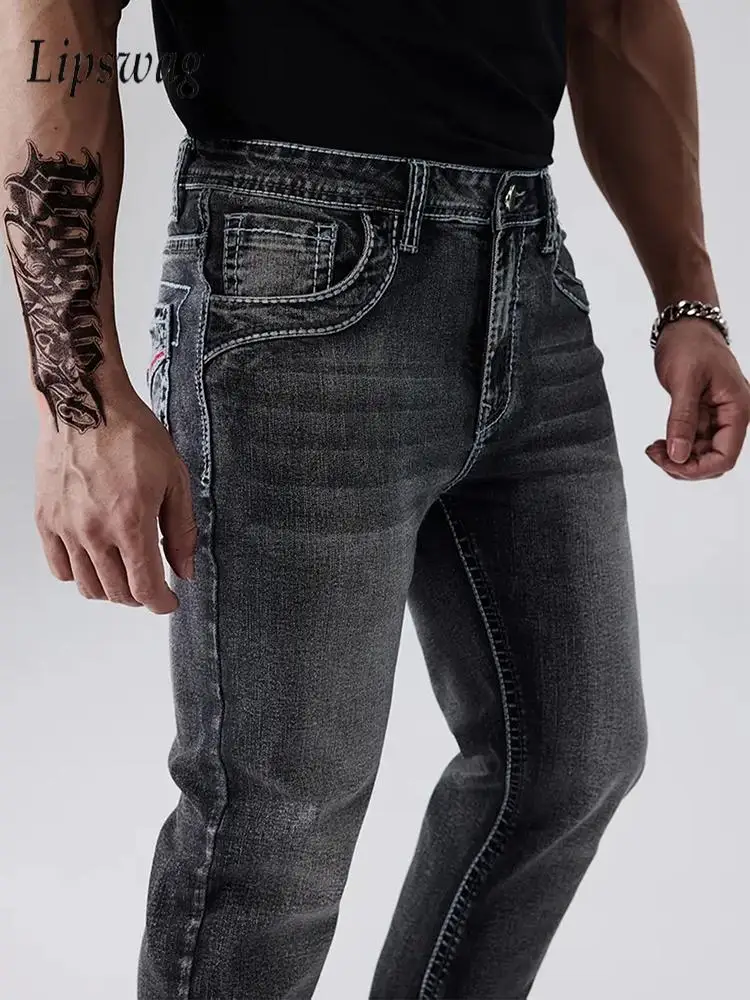 Vintage Embroidery Patchwork Straight Jeans Men Outdoor  Motor Cycling Jean Trousers Mens Fall Trendy Slim Elastic Denim Pants