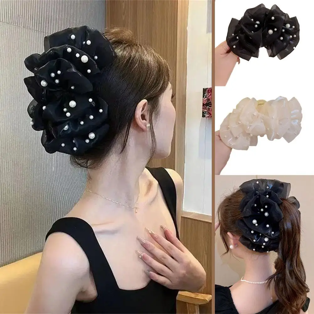Large Bow Mesh Hairpin Summer Sweet Elegant Women Hair Claw Hair Accessories Clip Princess Headdress Grab Female Fashion Cl V1W0