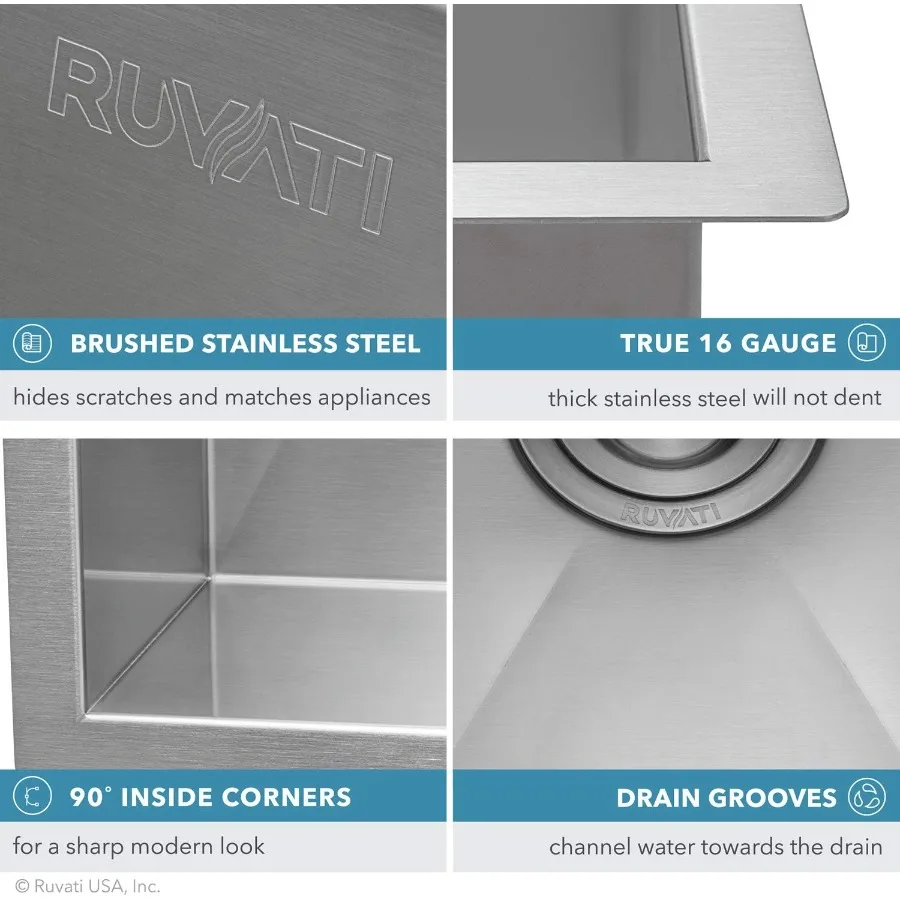 Ruvati RVH7110 حوض بار 14 بوصة 16 مقياس وعاء واحد من الفولاذ المقاوم للصدأ لتركيب سطح المطبخ والبار Dur