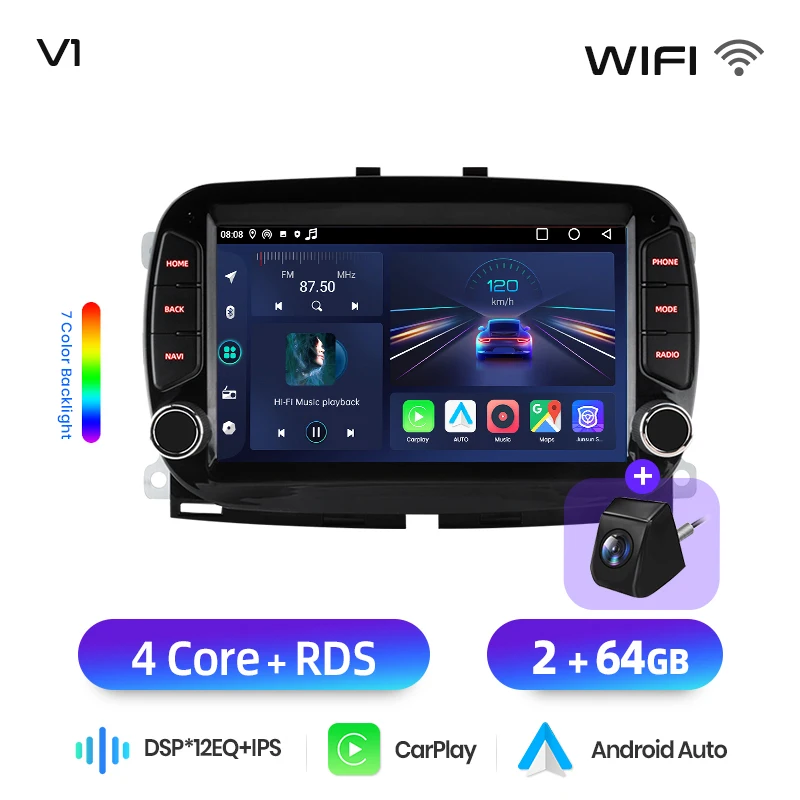 Junsun 7 "Draadloze CarPlay Android Auto Radio voor Fiat 500 2016 2017 2018 2019 GPS Stereo Multimedia WiFi 4G 8core RDS
