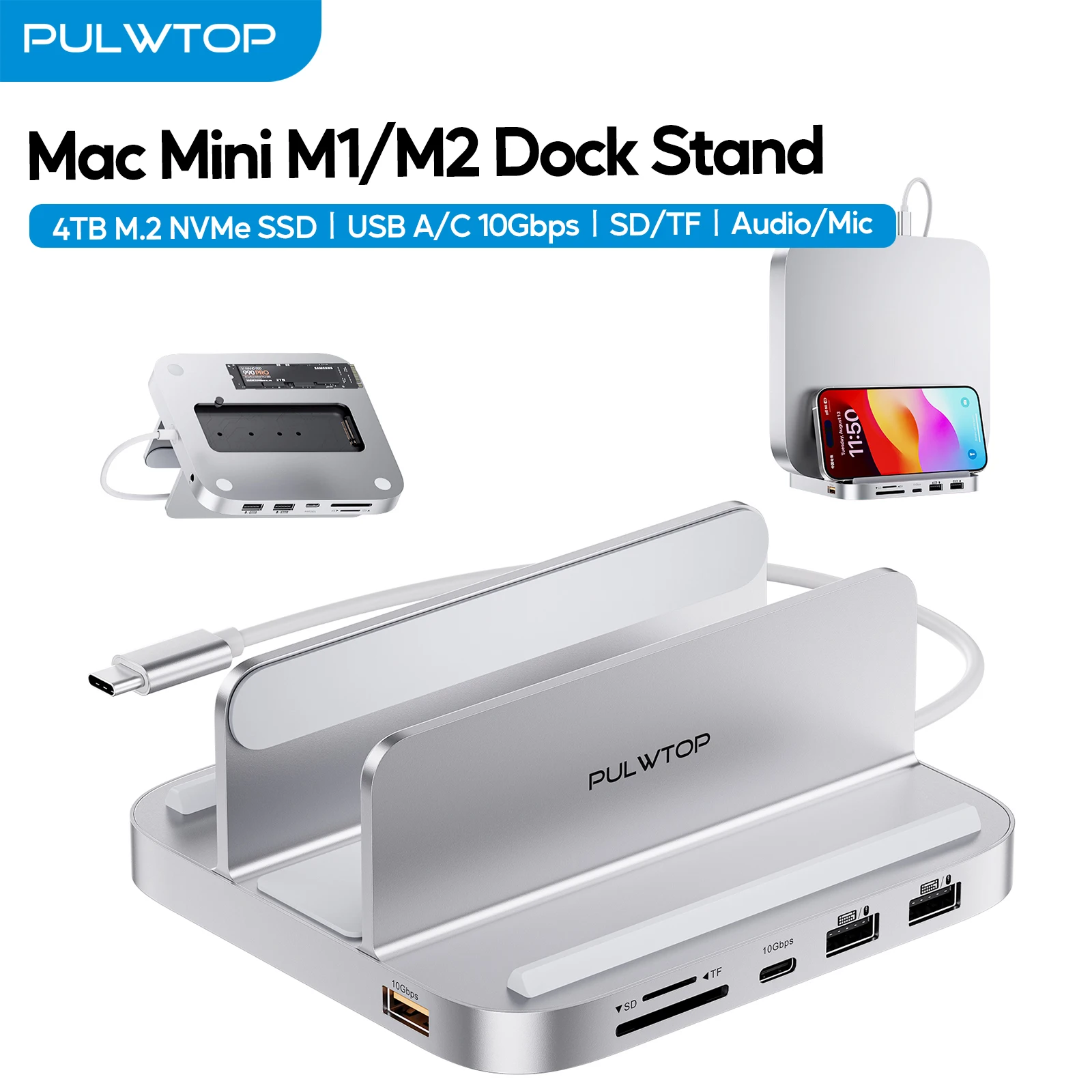

Подставка-концентратор PULWTOP USB-C с корпусом SSD для Mac Mini, вертикальная док-станция для Mac Mini 8 в 1, для Mac Mini M2/M1 2018 г.