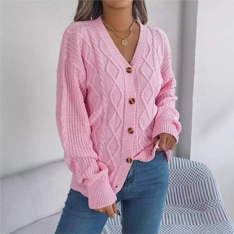 Women's Knitting Cardigan Coat Casual V-neck Lantern Sleeve Fried Dough Twists Button Cardigan Sweater Coat Autumn New Product