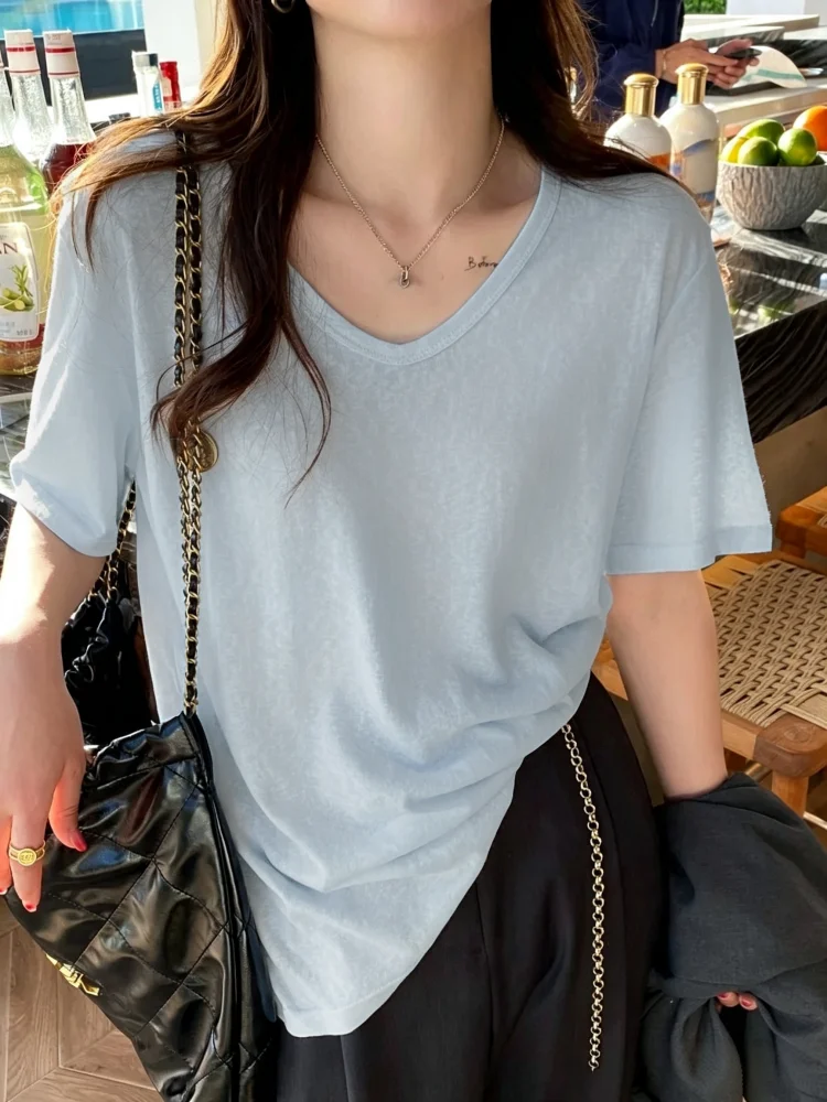 Ice Silk Snowflake Cotton Short Sleeve T-Shirt Women's Summer New Large Size Loose V-neck  Color Slimming Thin Top