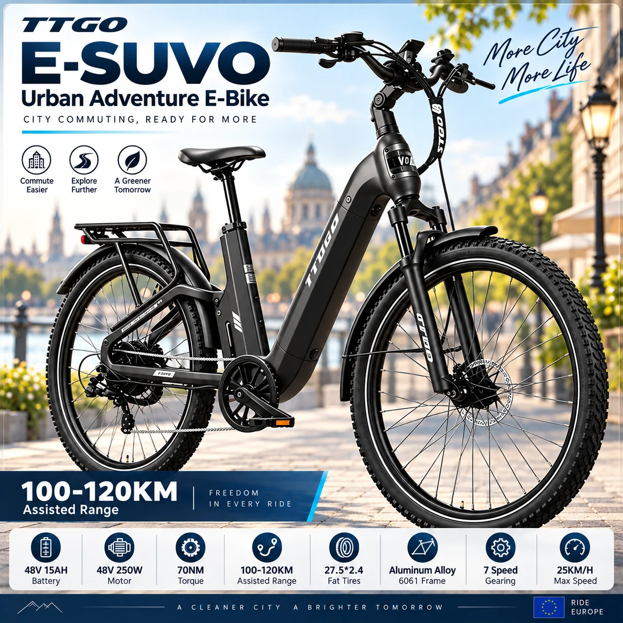 Ttgo E-Suvo Bici Elettrica Step-Through 27.5*2.4" 250W 70Nm Sensore di Coppia Batteria al Litio Nascosta 48V15Ah Freno a Disco Idraulico Cambio Shimano 7 Velocità Sospensione Completa Bici Elettrica