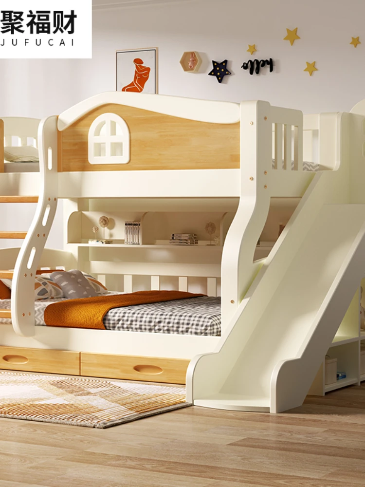 Children's Bed Bunk Bed Boys and Girls Log White Slide Two-Layer Bed