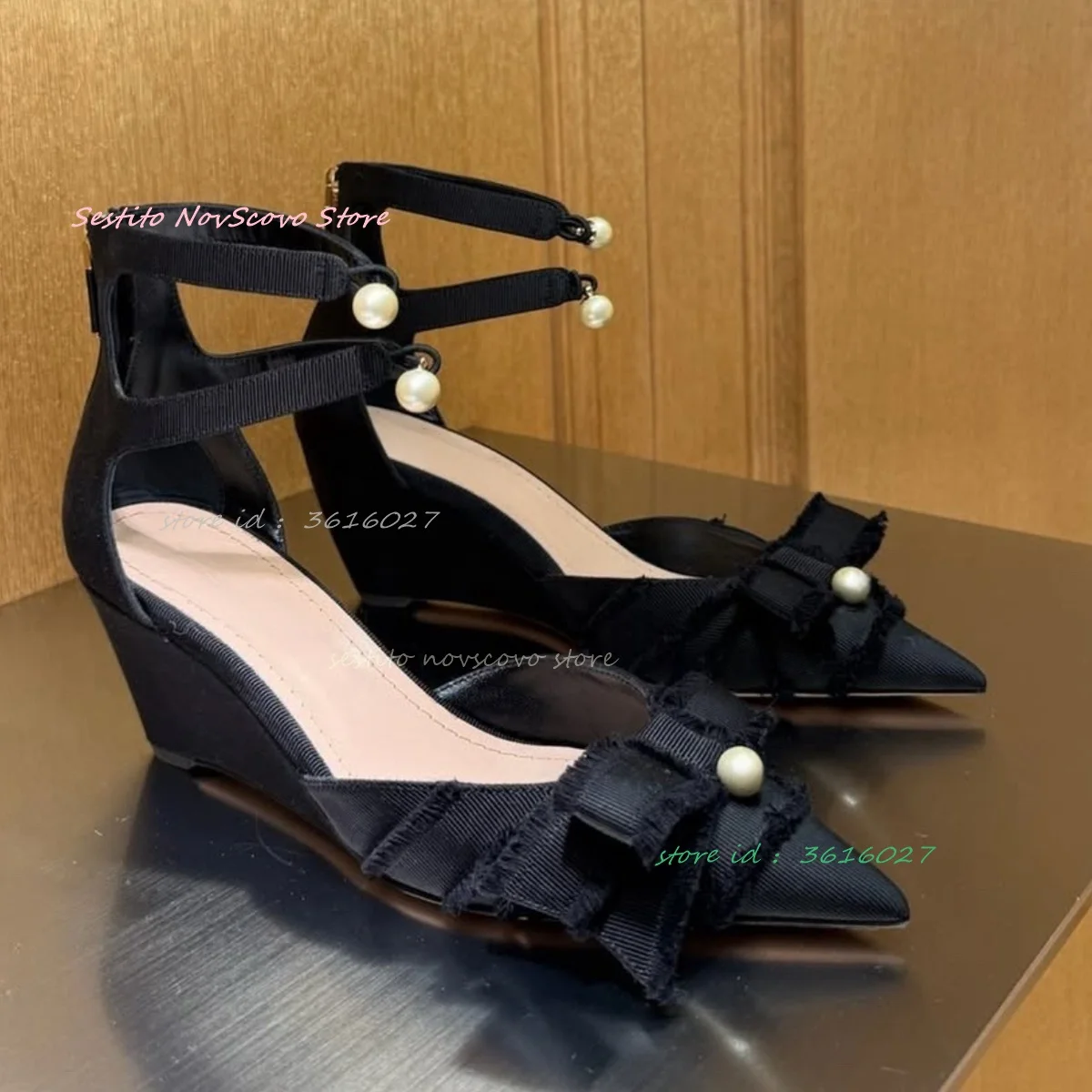 

Pointed Toe Wedges Sandals Pearls Buckle Cover Heels Weave Bow Decor Sexy Women Summer Classic Dress Party Single Shoes