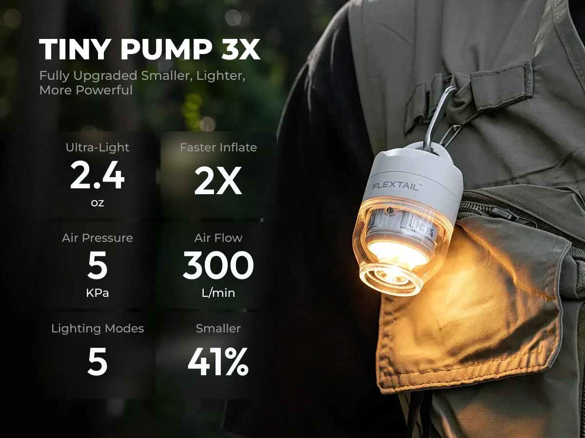 FLEXTAIL TINY PUMP 3X - 5kPa Ultra-Light Portable Air Pump, 5-Mode Camping Lamp, Multi-Purpose for Camping & Travel