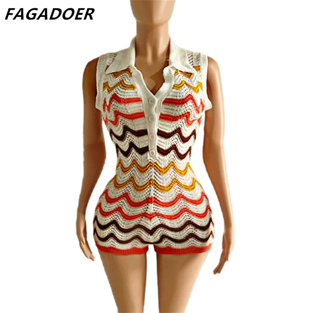 FAGADOER Summer New Stripe Printing Knitting Rompers Women V Neck Button Sleeveless Bodycon Jumpsuits Fashion Slim Overalls 2024