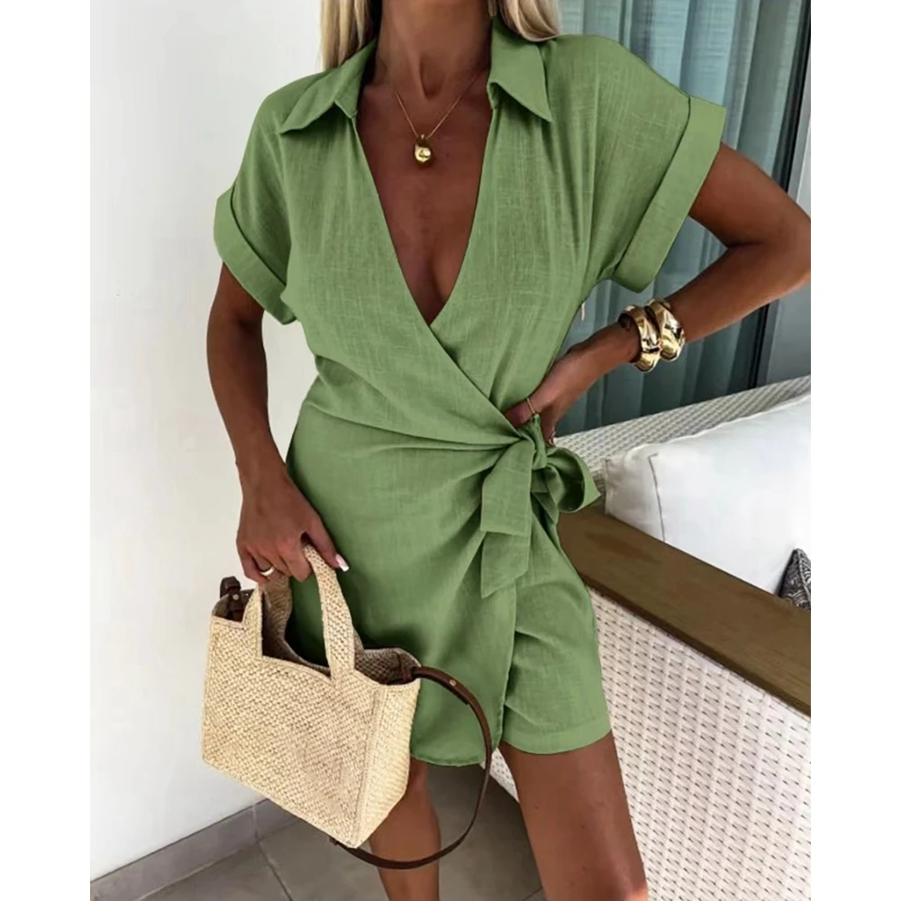 

New In Summer Women Casual Turn-down Collar Tied Detail Ruched Overlap Romper Short Sleeve One Piece Outfits Fashion Streetwear