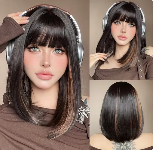 Short Straight Bob Wigs with Bangs Black Brwon Highlight Wig Daily Cosplay Natural Synthetic Hair Wigs for Women Heat Resistant