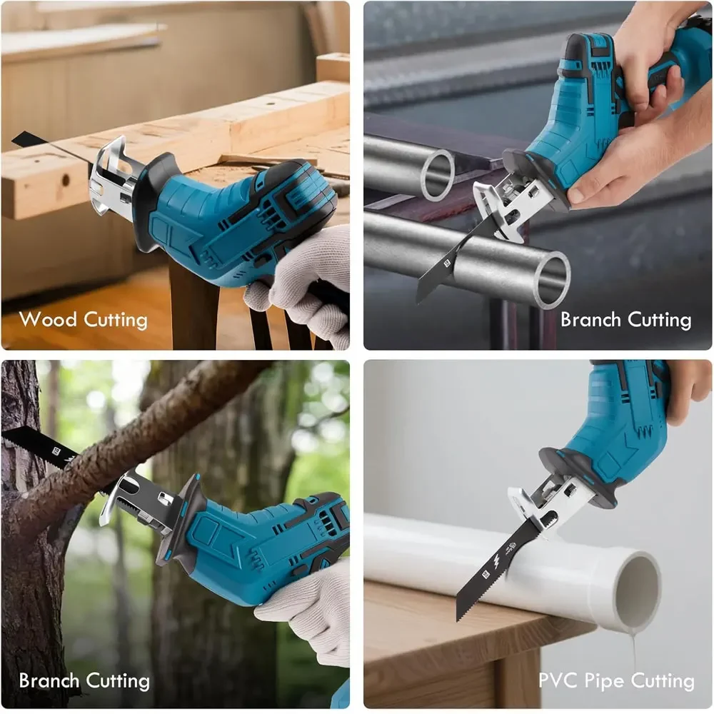 18V battery reciprocating saw mini electric saw for wood/metal/PVC cutting with 4 blades for hand saw woodworking (No battery)