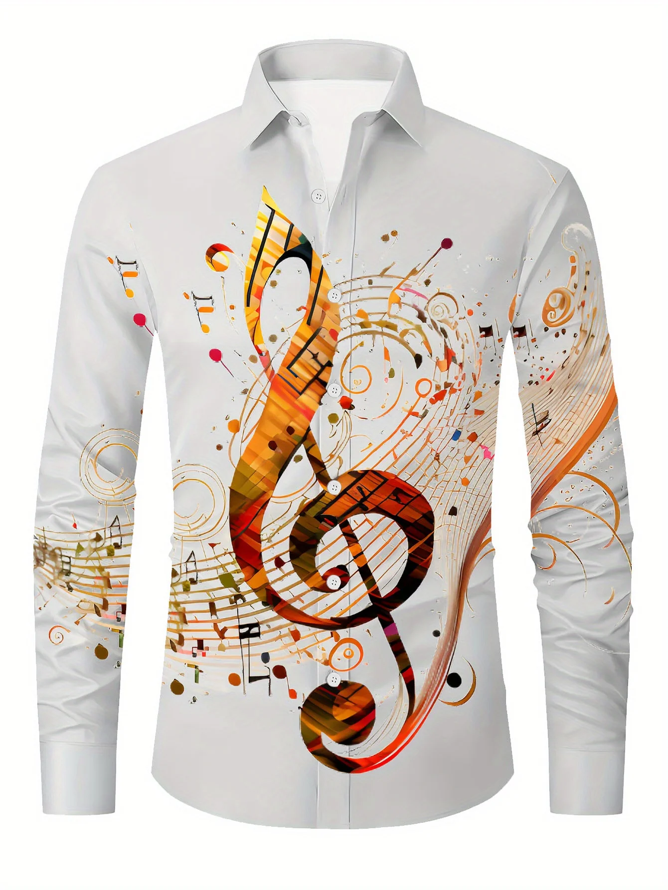 

Men's Orange Yellow Blue Music Shirt, Bohemian Note Print Button Up Long Sleeve Polyester