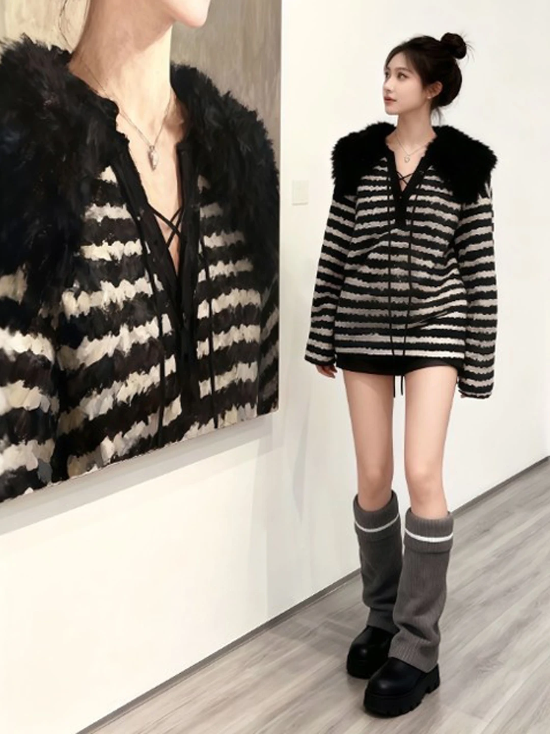 

Korean Sle Lazy V-ne Loose Sweater Design Unique Spring Faion Women's Knitted Long Sve Striped Top Not Colliding Model