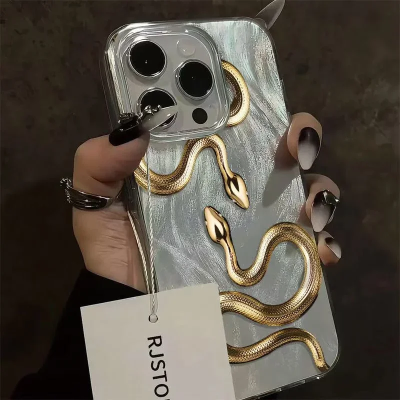 Gold Snake Print Case For iPhone 16 15 14 13 12 11 Pro Max XS X XR 8 7 Plus SE 2022 Feather Chiffon  Silver Luxury Plated Cover