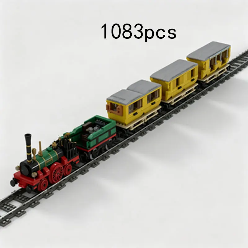 MOC 1083pcs small particle building blocks, retro steam train, old-fashioned passenger train model toy, ornament, gift.