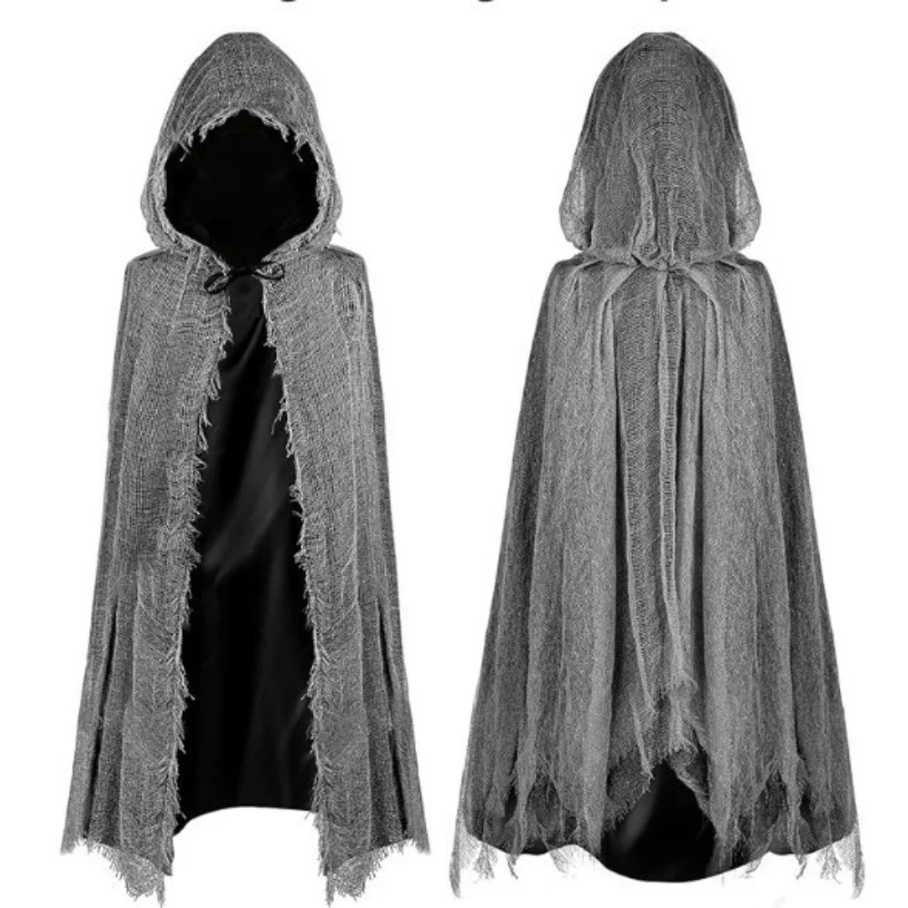 Distressed Ragged Hooded Full Length Cape Grey Rough Texture Tattered Cloak Adult Halloween Horror Ghost Medieval Wizard Role - view 6
