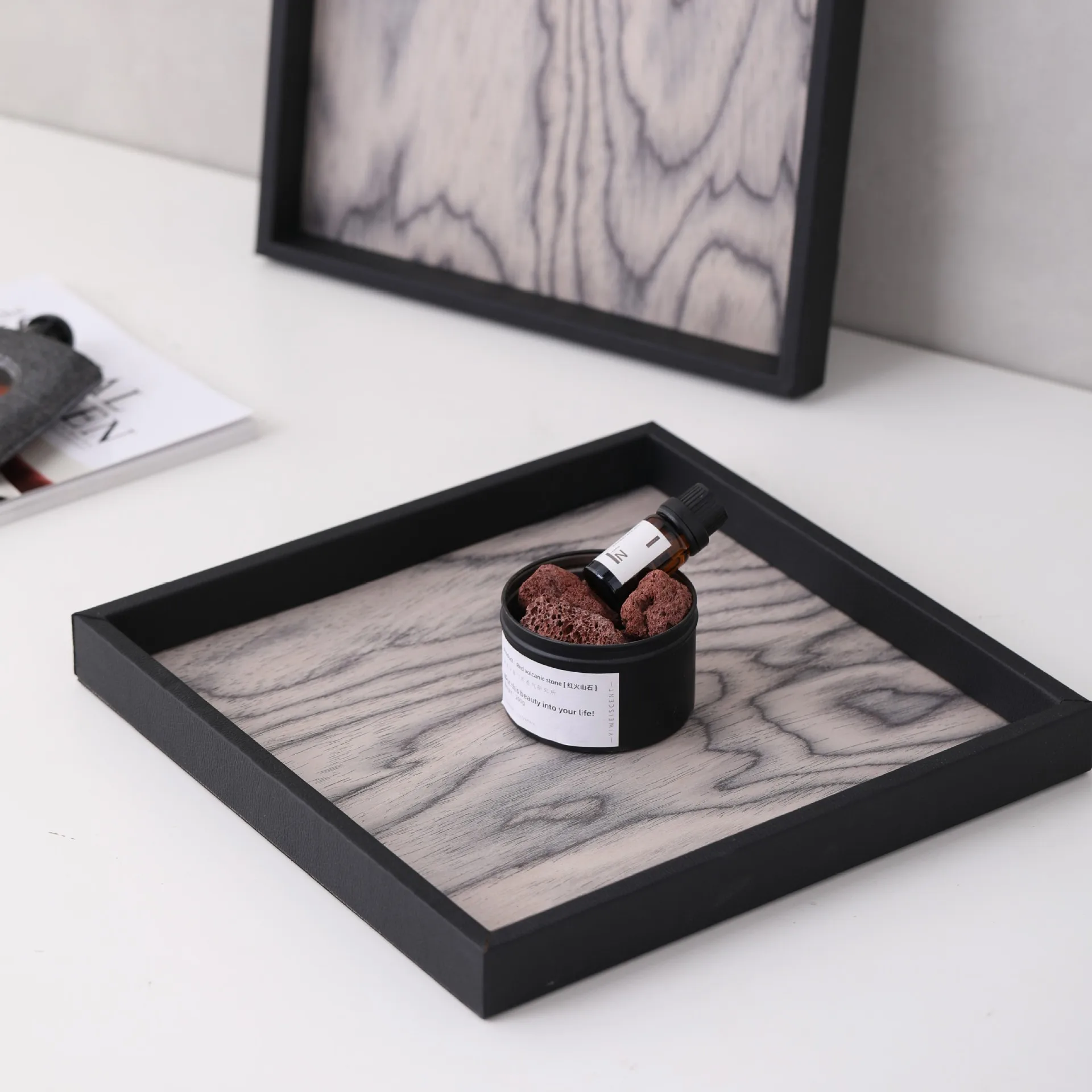 Modern simple leather aromatherapy veneer tray ins style ornament home model room villa living room soft decoration jewelry