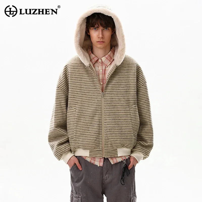 

LUZHEN 2025 Winter New Stylish High Quality Brushed Warm Hooded Jacket Men's Stripe Printed Reversible Wear Padded Coat JY5404