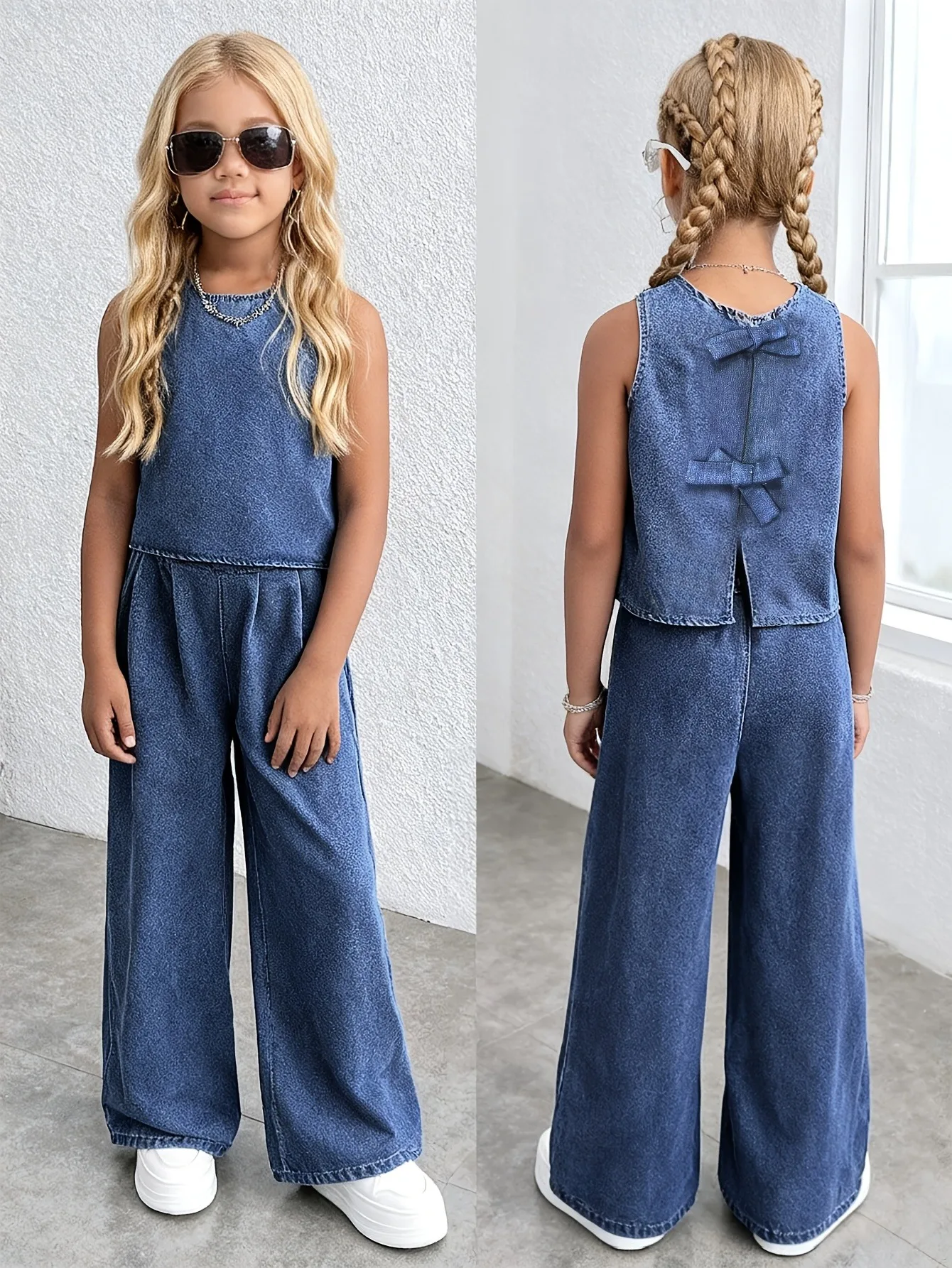 Breathable Kids Girls Two Piece Denim Suit, Round Neck Raw Fringe Sleeveless Crop Top 2 Bow Split Back & High Waist Flowy Wide L