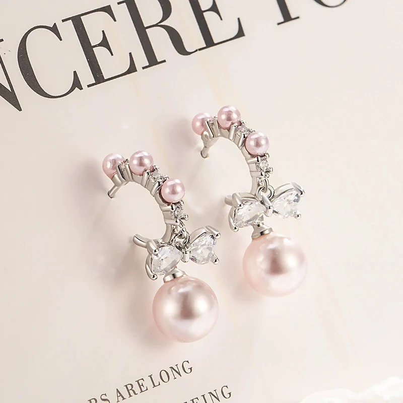 

French Pink Pearl Earrings for Women 2026 New Popular Zircon Bow Earring Sweet and Romantic Ear Jewelry KOFSAC