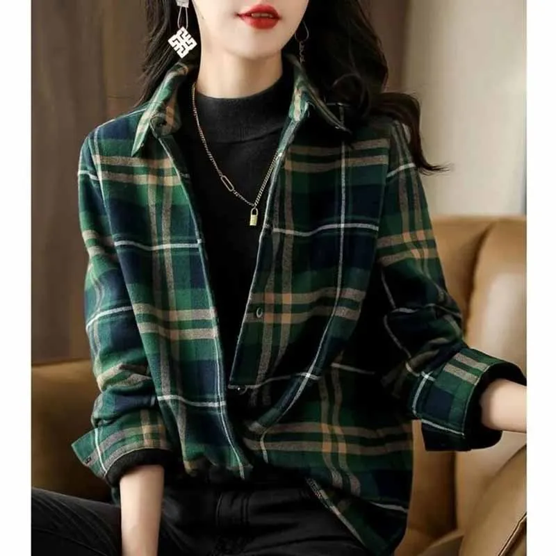 Spring Autumn New Women Frosted Plaid Cotton Blouse Jacket Female Loose Fitting Versatile Casual Long Sleeved Shirts Outerwear