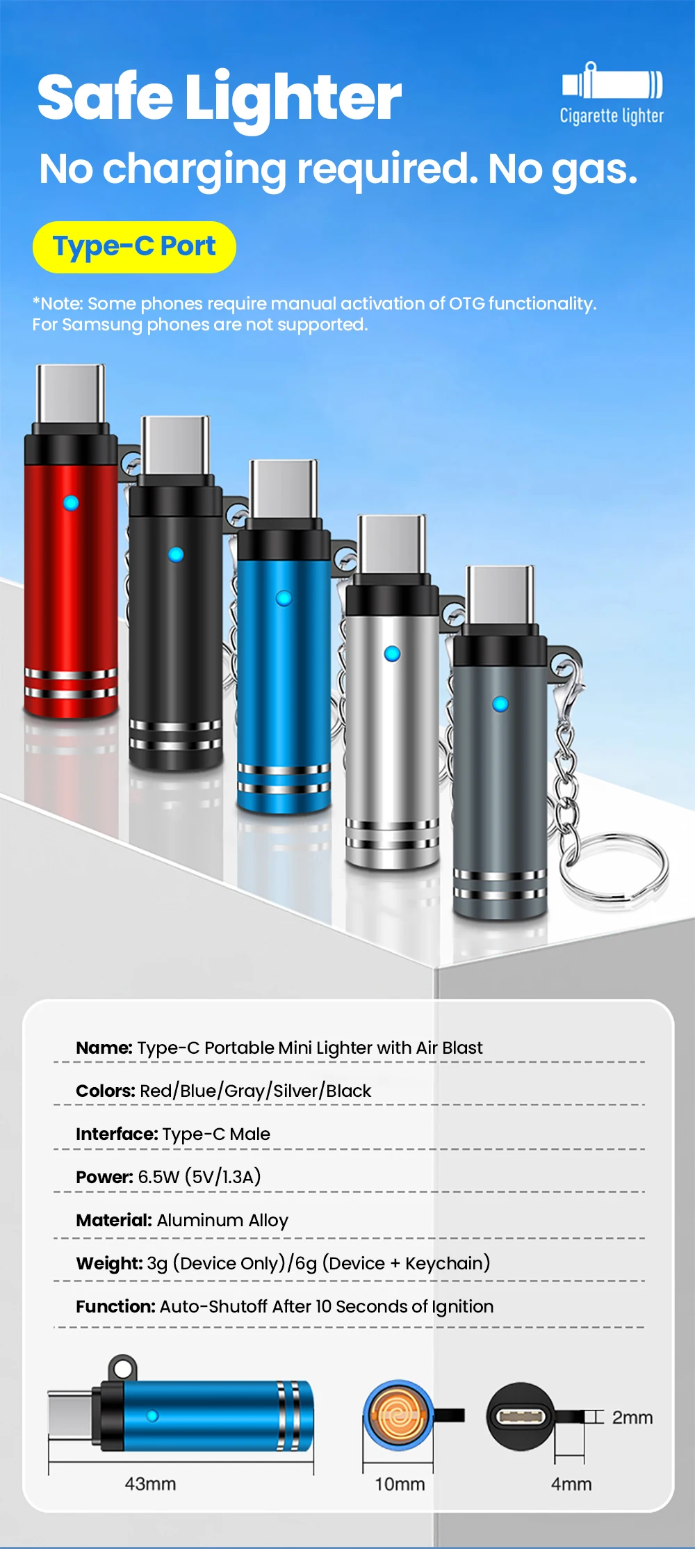 Elough Type C Mini Portable Lighter Air Blast Cigarette Lighter Outdoor Safety Windproof Explosion-Proof Lighter for IPhone15-17